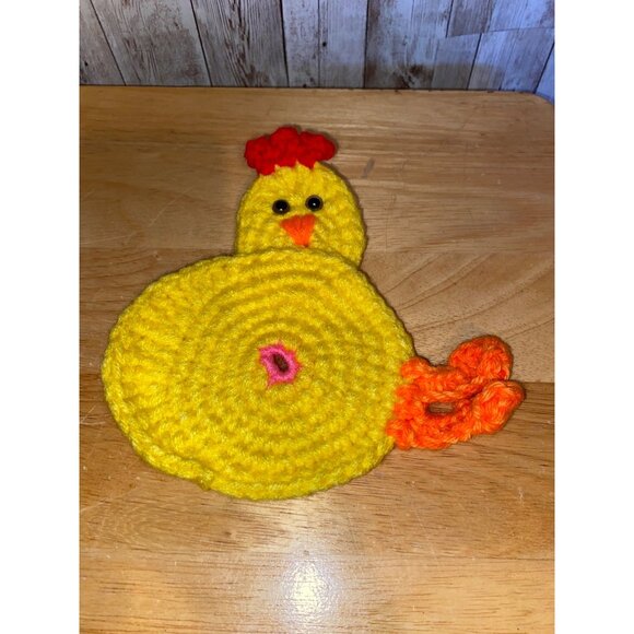 Hand Made Crocheted Yellow Chicken Butt Shaped Hot Pad Trivet Coaster Cork Back - Picture 1 of 5